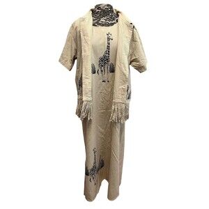 Vintage 90s Dress Jacket Cotton Khaki Tan Fringe Giraffe Safari Jungle Midi  L‎